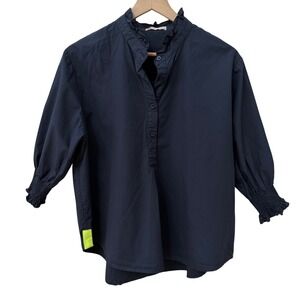 Caryn Lawn Blouse OS Navy Blue Ruffle Neck Smocked Cuff Cotton Neon Accent